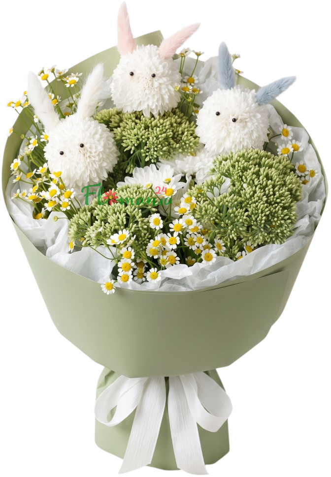 Букет из ромашек и хризантем «Три зайчонка»